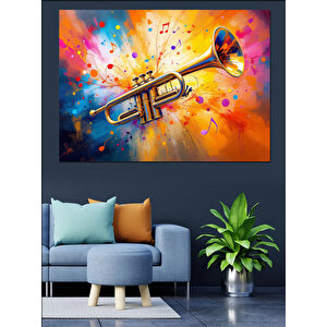 Renkli Caz Trompeti Dekoratif Kanvas - Mdf Ahşap Tablo 100x140 cm