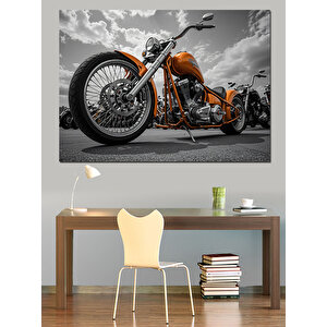 Krom Gövdeli Klasik Motosiklet Dekoratif Kanvas - Mdf Ahşap Tablo 100x140 cm