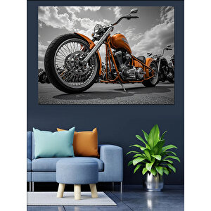 Krom Gövdeli Klasik Motosiklet Dekoratif Kanvas - Mdf Ahşap Tablo