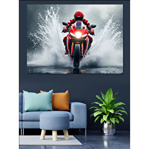Kırmızı Motosikletli Yarışçı Figürü Dekoratif Kanvas - Mdf Ahşap Tablo