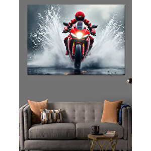 Kırmızı Motosikletli Yarışçı Figürü Dekoratif Kanvas - Mdf Ahşap Tablo