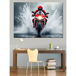 Kırmızı Motosikletli Yarışçı Figürü Dekoratif Kanvas - Mdf Ahşap Tablo 100x140 cm