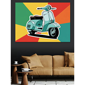 Renkli Retro Mavi Motosiklet Dekoratif Kanvas - Mdf Ahşap Tablo