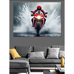 Kırmızı Motosikletli Yarışçı Figürü Dekoratif Kanvas - Mdf Ahşap Tablo 70x100 cm