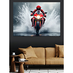 Kırmızı Motosikletli Yarışçı Figürü Dekoratif Kanvas - Mdf Ahşap Tablo 70x100 cm