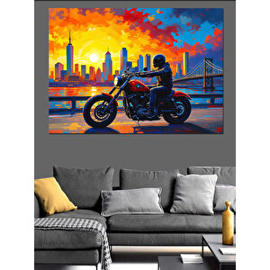 Şehirde Motosikletli Adam Dekoratif Kanvas - Mdf Ahşap Tablo 35x50 cm