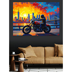 Şehirde Motosikletli Adam Dekoratif Kanvas - Mdf Ahşap Tablo 35x50 cm
