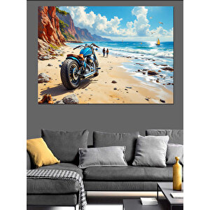 Kumsalda Motosikletli Adam Dekoratif Kanvas - Mdf Ahşap Tablo 70x100 cm