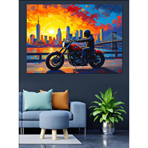 Şehirde Motosikletli Adam Dekoratif Kanvas - Mdf Ahşap Tablo 25x35 cm
