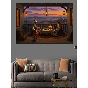 Terasta Çay Muhabbeti Dekoratif Kanvas - Mdf Ahşap Tablo 100x140 cm