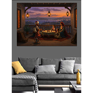 Terasta Çay Muhabbeti Dekoratif Kanvas - Mdf Ahşap Tablo 100x140 cm