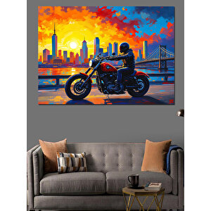 Şehirde Motosikletli Adam Dekoratif Kanvas - Mdf Ahşap Tablo