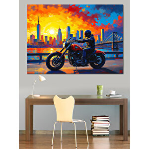 Şehirde Motosikletli Adam Dekoratif Kanvas - Mdf Ahşap Tablo