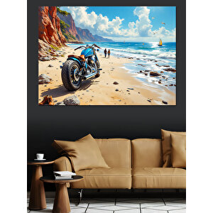 Kumsalda Motosikletli Adam Dekoratif Kanvas - Mdf Ahşap Tablo 100x140 cm