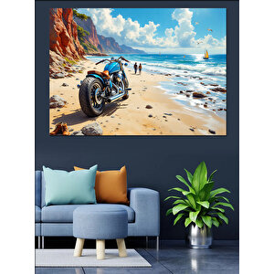 Kumsalda Motosikletli Adam Dekoratif Kanvas - Mdf Ahşap Tablo 100x140 cm