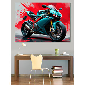 Hızlı Turkuaz Motosiklet Dekoratif Kanvas - Mdf Ahşap Tablo