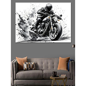 Siyah Beyaz Hızlı Motosiklet Dekoratif Kanvas - Mdf Ahşap Tablo 100x140 cm