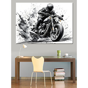 Siyah Beyaz Hızlı Motosiklet Dekoratif Kanvas - Mdf Ahşap Tablo 100x140 cm