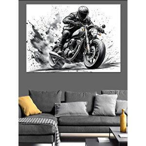 Siyah Beyaz Hızlı Motosiklet Dekoratif Kanvas - Mdf Ahşap Tablo 100x140 cm
