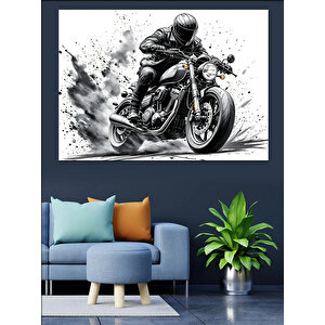 Siyah Beyaz Hızlı Motosiklet Dekoratif Kanvas - Mdf Ahşap Tablo