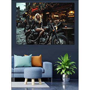 Yağmurda Kadın Motosiklet Üstünde Dekoratif Kanvas - Mdf Ahşap Tablo 35x50 cm