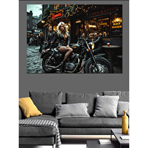 Yağmurda Kadın Motosiklet Üstünde Dekoratif Kanvas - Mdf Ahşap Tablo