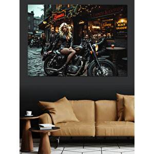 Yağmurda Kadın Motosiklet Üstünde Dekoratif Kanvas - Mdf Ahşap Tablo