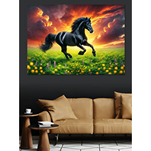 Yeşil Çayırda Kara At Dekoratif Kanvas - Mdf Ahşap Tablo