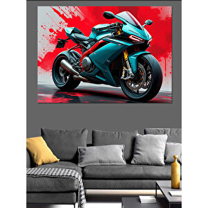 Hızlı Turkuaz Motosiklet Dekoratif Kanvas - Mdf Ahşap Tablo 50x70 cm