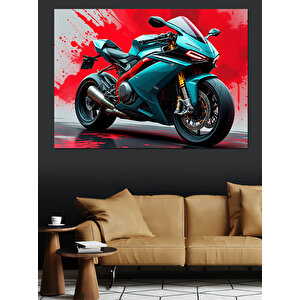 Hızlı Turkuaz Motosiklet Dekoratif Kanvas - Mdf Ahşap Tablo 50x70 cm