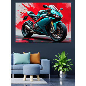 Hızlı Turkuaz Motosiklet Dekoratif Kanvas - Mdf Ahşap Tablo 50x70 cm