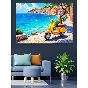 Deniz Kıyısında Sarı Motosiklet Dekoratif Kanvas - Mdf Ahşap Tablo 70x100 cm
