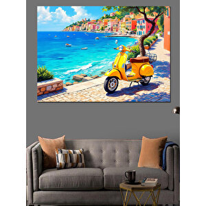 Deniz Kıyısında Sarı Motosiklet Dekoratif Kanvas - Mdf Ahşap Tablo