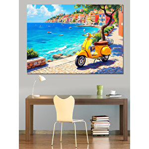 Deniz Kıyısında Sarı Motosiklet Dekoratif Kanvas - Mdf Ahşap Tablo