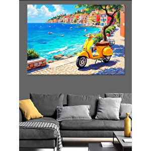 Deniz Kıyısında Sarı Motosiklet Dekoratif Kanvas - Mdf Ahşap Tablo 50x70 cm