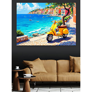 Deniz Kıyısında Sarı Motosiklet Dekoratif Kanvas - Mdf Ahşap Tablo 25x35 cm