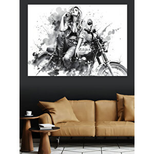Motosiklet Üzerinde Güçlü Kadın Dekoratif Kanvas - Mdf Ahşap Tablo 100x140 cm