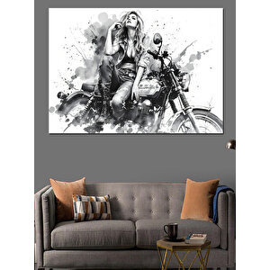 Motosiklet Üzerinde Güçlü Kadın Dekoratif Kanvas - Mdf Ahşap Tablo