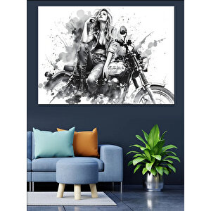 Motosiklet Üzerinde Güçlü Kadın Dekoratif Kanvas - Mdf Ahşap Tablo 70x100 cm