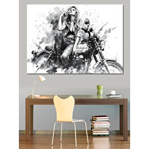 Motosiklet Üzerinde Güçlü Kadın Dekoratif Kanvas - Mdf Ahşap Tablo