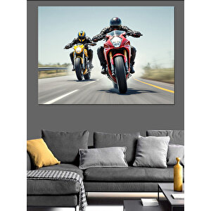 Yarışan İki Spor Motosiklet Dekoratif Kanvas - Mdf Ahşap Tablo 50x70 cm