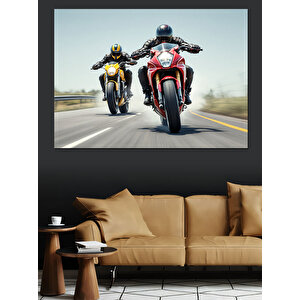 Yarışan İki Spor Motosiklet Dekoratif Kanvas - Mdf Ahşap Tablo 50x70 cm