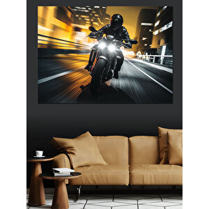 Hızlı Motosiklet Şehir Yolculuğu Dekoratif Kanvas - Mdf Ahşap Tablo