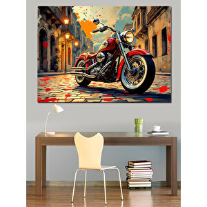 Kırmızı Motosiklet Şehirde Dekoratif Kanvas - Mdf Ahşap Tablo 25x35 cm