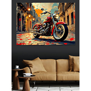Kırmızı Motosiklet Şehirde Dekoratif Kanvas - Mdf Ahşap Tablo