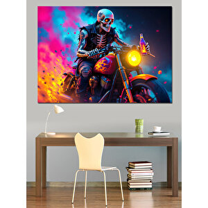 İskelet Sürücü Ve Motosiklet Dekoratif Kanvas - Mdf Ahşap Tablo 100x140 cm