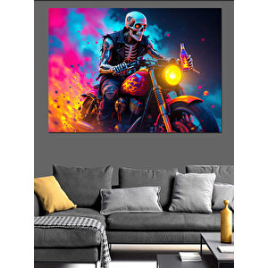 İskelet Sürücü Ve Motosiklet Dekoratif Kanvas - Mdf Ahşap Tablo 100x140 cm