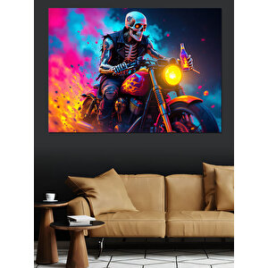 İskelet Sürücü Ve Motosiklet Dekoratif Kanvas - Mdf Ahşap Tablo 100x140 cm
