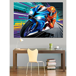 Mavi Süper Motosiklet Dekoratif Kanvas - Mdf Ahşap Tablo 100x140 cm