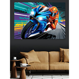 Mavi Süper Motosiklet Dekoratif Kanvas - Mdf Ahşap Tablo 100x140 cm